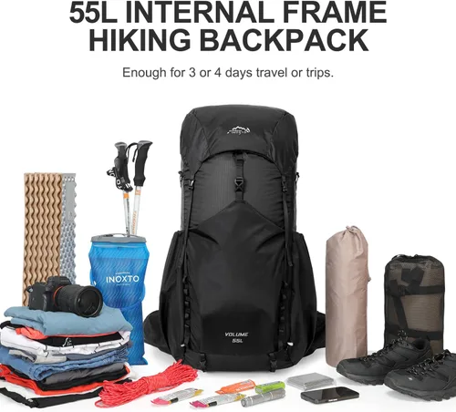 Miniatura 7 de IX INOXTO 55L Mochila con armazón interno resistente al agua para senderismo y camping con vejiga de agua de 3L y cubierta contra la lluvia, mochila