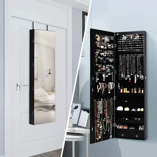 Miniatura 2 de Giantex Armario de joyería para puerta de pared con espejo de longitud completa, 2 LED con cerradura grande organizador de joyas con espejo ancho