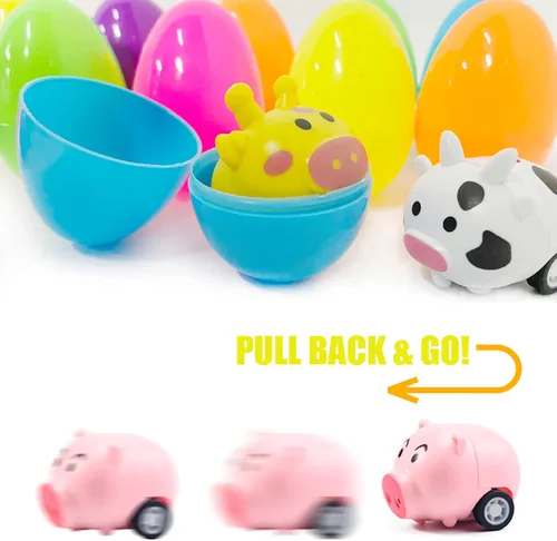 Miniatura 4 de BAINFE 12 huevos de Pascua con juguetes de automóvil para tirar hacia atrás, huevos de plástico con vehículos de animales de dibujos animados