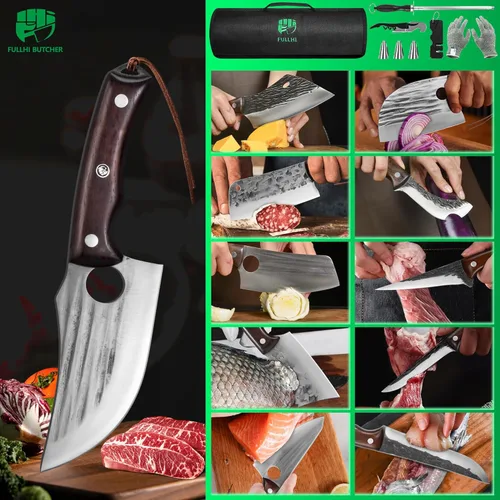 Miniatura 3 de FULLHI Juego de 17 piezas de cuchillos de carnicero y chef, incluye funda, cuchillo de cocina de acero de alto carbono, espiga completa, cuchillo