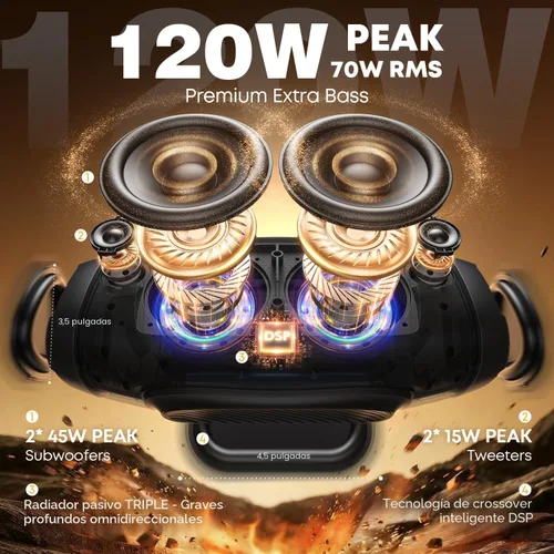 Miniatura 2 de W-KING Altavoz Bluetooth Potente, Altavoces Portátiles Bluetooth Inalámbricos de 120W Máximo, IPX6 Impermeable Altavoz Grande para Fiestas al Aire