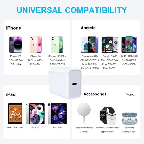 Miniatura 6 de Cargador rápido USB C, adaptador de corriente USB C de 20 W, cabeza de cubo de carga rápida para iPhone 17e/17 Pro Max/17 Pro/17/16e/16/16 Pro/16