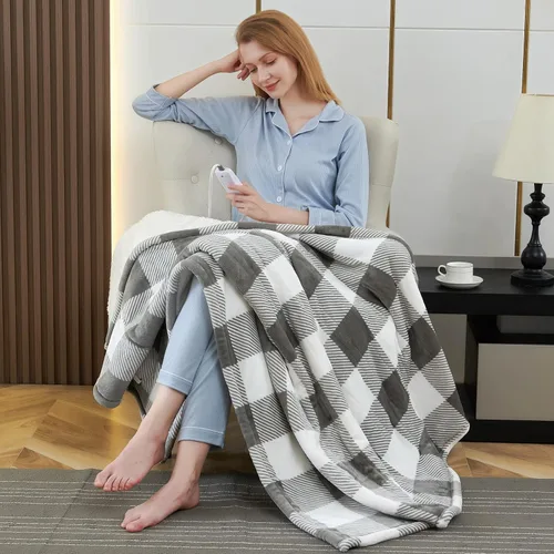 Miniatura 9 de Manta térmica eléctrica tamaño Queen, manta de calentamiento rápido, franela de terciopelo suave para invierno, 4 niveles de calefacción, 10 horas