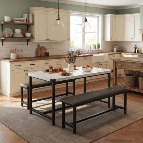 GarveeHome Juego de mesa de comedor para 4, mesa de cocina con 2 bancos tapizados, juego de comedor de cocina de madera, para espacios pequeños,