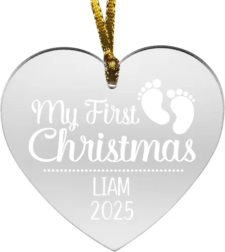 Let's Make Memories Adorno personalizado para la primera Navidad del bebé, adorno de recuerdo 2025, mi primera Navidad, pies de bebé, corazón