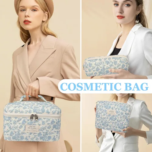 Miniatura 4 de Set de bolsas de maquillaje, bolsa de maquillaje acolchada, bolsa de cosméticos floral grande para mujeres, lindas bolsas de maquillaje de algodón