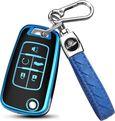 QBUC Funda para llavero Chevy con llavero para Chevrolet Equinox Buick Camaro Cruze Malibu Impala Sonic Protección completa (negro/azul)