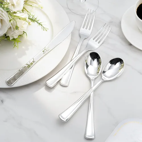 Miniatura 3 de Liacere 200 piezas de cubiertos de plástico plateado - Cubiertos de plástico plateado - Cubiertos desechables de plata - 100 tenedores, 50 cucharas