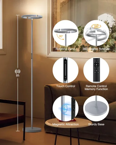 Miniatura 2 de SIBRILLE Lámparas de pie plateadas para sala de estar, lámpara de pie regulable continua con control remoto táctil, luz LED giratoria de 22 W, luz