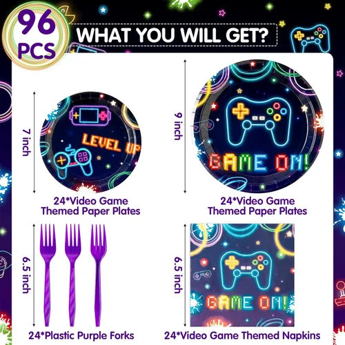 Miniatura 2 de 96 platos de fiesta de videojuegos, suministros de neón para fiestas, decoraciones de vajilla que brillan en la oscuridad, platos de papel