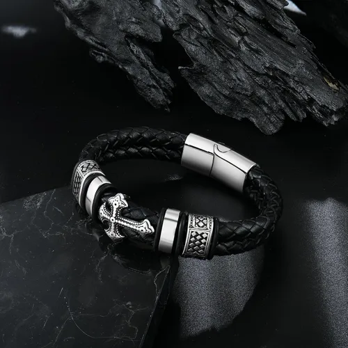 Miniatura 5 de Raymard Pulsera de cuero de doble fila cristiana para hombre - negrorojodorado y azul marino trenzado pulsera para hombres