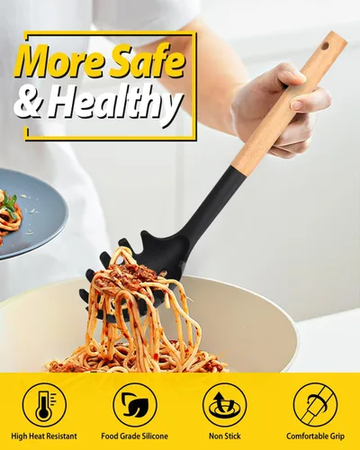 Miniatura 3 de Juego de tenedor de pasta y cucharón de silicona con mango de madera, utensilios de cocina resistentes al calor y antiadherentes para cocinar, Negro
