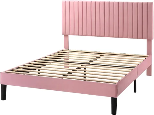 Miniatura 8 de SHA CERLIN - Base de cama tamaño Queen tapizada con cabecera ajustable; diseño acolchado en terciopelo con canales verticales; soporte de listones