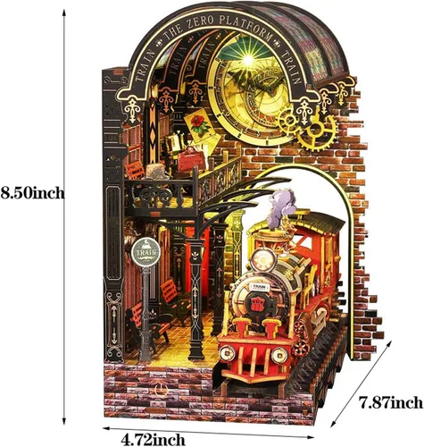 Miniatura 5 de Kit de rincón de libro, rompecabezas de madera 3D, kit de rincón de libros con tren de vapor, kit de habitación en miniatura para bricolaje, soporte