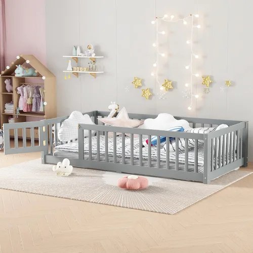 Miniatura 11 de Harper & Bright Designs Cama Montessori de madera tamaño individual, cama de piso con rieles altos, listones y puerta, marco de cama de madera