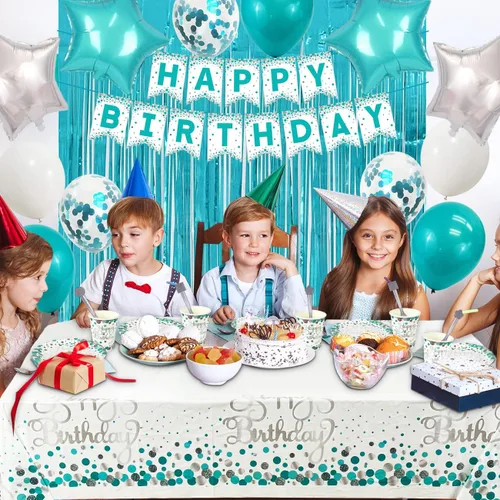 Miniatura 5 de ssailue decor Suministros de fiesta de cumpleaños azul turquesa para 20 invitados: platos, vasos, servilletas, globos, pancarta, banda, adorno