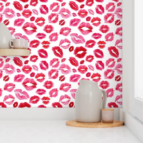 Miniatura 8 de Spoonflower Papel tapiz para despegar y pegar - Love Lips Red Valentine Beauty Lipstick Besos Acuarela Día de San Valentín Femenino Maquillaje Papel