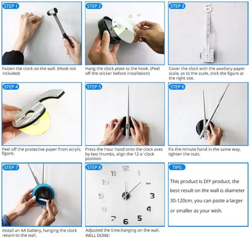Miniatura 7 de Reloj de pared con efecto espejo acrílico grande 3D, diseño simple, arte de pared decorativo de cuarzo, silencioso, moderno, reloj grande, Negro
