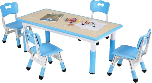Miniatura 10 de Arlopu Mesa y 4 sillas para niños, juego de escritorio y sillas para niños pequeños de altura ajustable, patas antideslizantes, escritorio de Beige