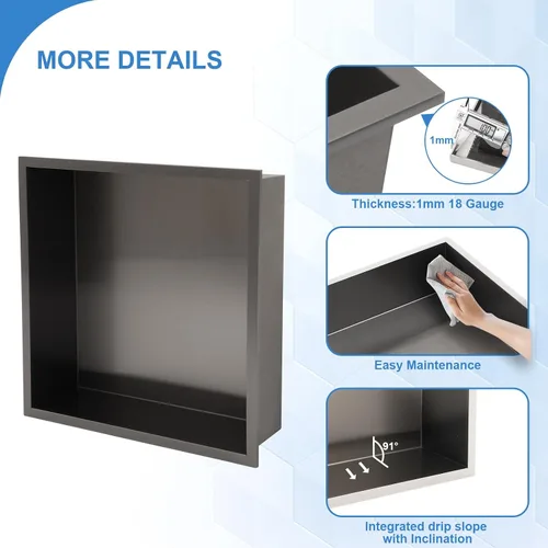 Miniatura 5 de Lordear Nicho de ducha empotrado negro mate de 12 x 12 pulgadas, 1 estante, estilo moderno, montaje en pared, ahorro de espacio, acero inoxidable