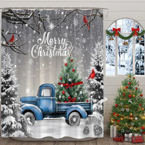 GCTNBJL Cortina de ducha de invierno de Navidad, camión rojo y azul, árbol de Navidad, bosque gris, naturaleza, rústico, feliz Navidad, 36 x 70