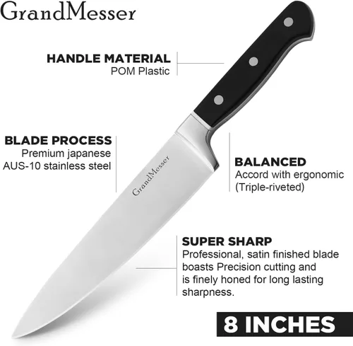 Miniatura 2 de Cuchillo de chef en acero japonés AUS-8, cuchillo de cocina profesional de 8 pulgadas, cuchillo de cocina ultra afilado con mango ergonómico