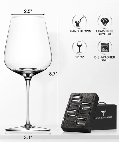 Miniatura 6 de LUNA & MANTHA Juego de 4 copas de vino tinto de cristal con tallo, copas de vino sopladas a mano de 17oz, perfectas para regalo con empaque rojo