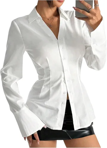 GORGLITTER Blusa ajustada con botones para mujer, manga acampanada, para oficina, trabajo, cintura ceñida