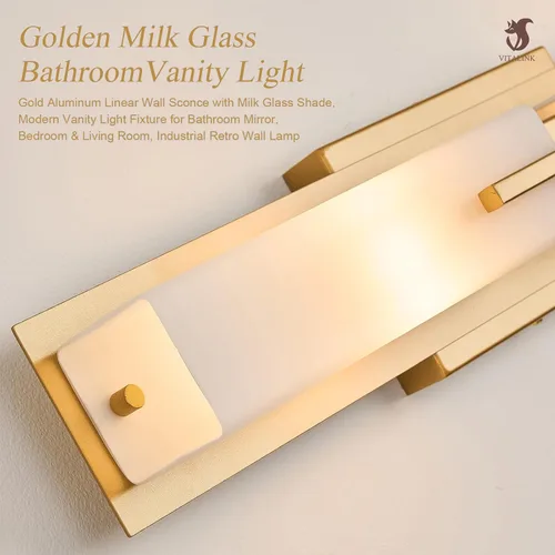 Miniatura 4 de VitaLink Lámpara de tocador dorada, 24 pulgadas, moderna lámpara de pared de baño sobre espejo de tocador, 2 luces cableadas de vidrio blanco