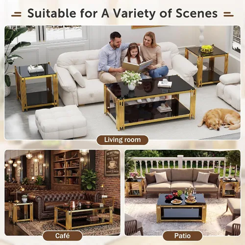 Miniatura 7 de Mesa de centro de cristal negro de 43 pulgadas, mesa moderna para sala de estar, acero inoxidable dorado, patas de metal, rectangular, de vidrio