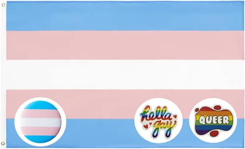 Bandera trans para pared y exteriores de 3 x 5 pies con 1 pin de bandera transgénero y 2 calcomanías de arco iris al azar, cosas del orgullo gay,