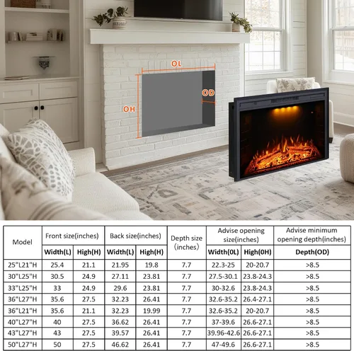 Miniatura 5 de Valuxhome Chimenea eléctrica, inserto de chimenea eléctrica de 33 pulgadas, calefactor de chimenea con protección contra sobrecalentamiento, sonido