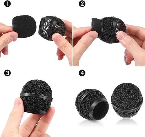 Miniatura 6 de Facmogu 4 piezas de rejilla de malla de cabeza de bola de micrófono negro, rejilla de micrófono de repuesto estilo SM58 de níquel cepillado