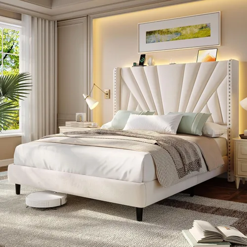 Miniatura 12 de EnHomee Marco de Cama Queen con Cabecera Alta de 51" Wingback, Cama Plataforma Tapizada en Terciopelo con Estación de Carga y Luces LED, No Necesita