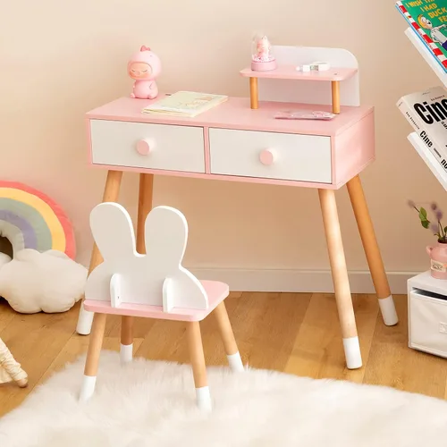 Miniatura 9 de GLACER Juego de mesa y silla para niños, juego de tocador patentado con silla, espejo extraíble, 2 cajones grandes, estante de almacenamiento