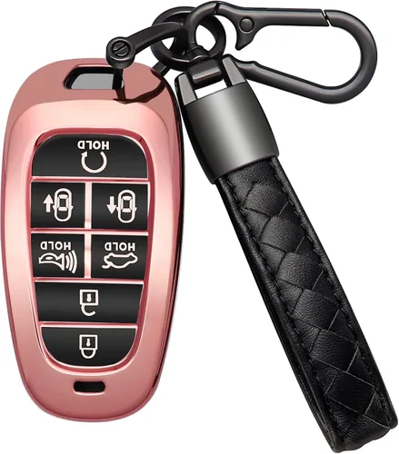 Funda para llavero Hyundai de 7 botones con llavero de cuero, TPU suave, protección de 360 grados, funda para llave de automóvil, compatible con D: