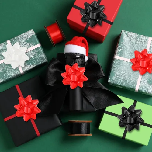 Miniatura 5 de Riceshoot 48 lazos de regalo autoadhesivos de Navidad con 8 rollos de cintas rizadoras de 3 pulgadas, lazos metálicos de Navidad para regalo