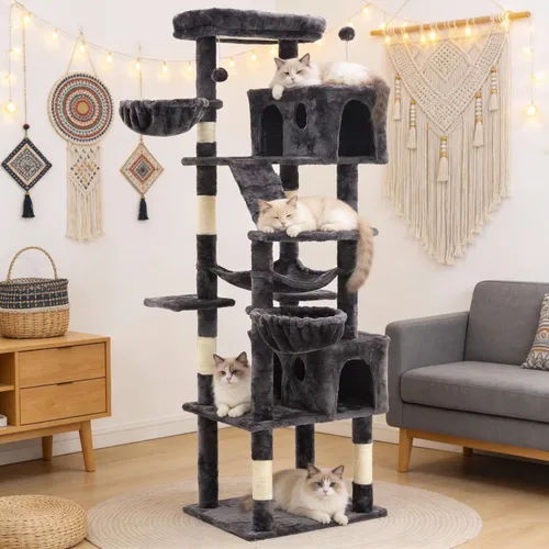 Torre de árbol para gatos de varios niveles de 73 pulgadas para gatos grandes con postes rascadores, condominios, percha, hamacas y juguetes,