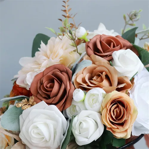 Miniatura 4 de Ramos de boda para novia, ramo en cascada para novia, boda, flores artificiales, ramo romántico rústico de boda (ramo naranja champán)