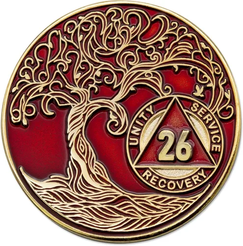 Miniatura 111 de 20 Year Sobriety Mint Twisted Tree of Life - Medallón de recuperación AA chapado en oro, fichas y fichas, color negro
