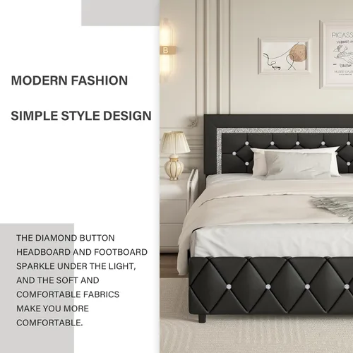 Miniatura 4 de BarnFurin Base de cama y cabecero tamaño King, cama tapizada de piel sintética con diseño capitoné de diamante, base de cama de plataforma moderna
