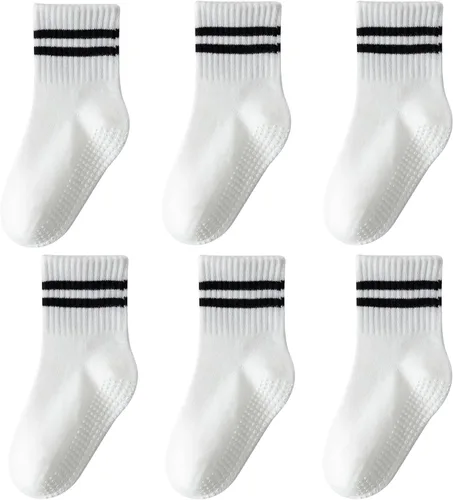 Miniatura 10 de Calcetines de agarre para niños pequeños, antideslizantes, unisex, con rayas retro sin costuras, calcetines de algodón para niñas y niños, 6 pares