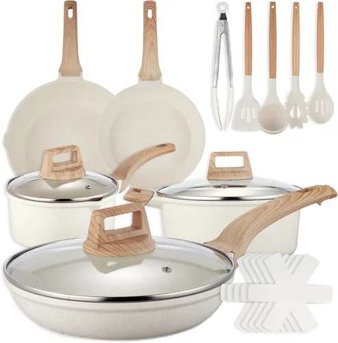 Juego de 18 piezas de ollas y sartenes para cocina, juego de utensilios de cocina de cerámica antiadherente, juego de utensilios de cocina de