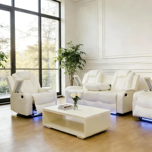 Miniatura 37 de Juego de sofá reclinable de cuero eléctrico con LED, juego de sala de estar de cuero, juego de sofá reclinable con puerto USB/soporte