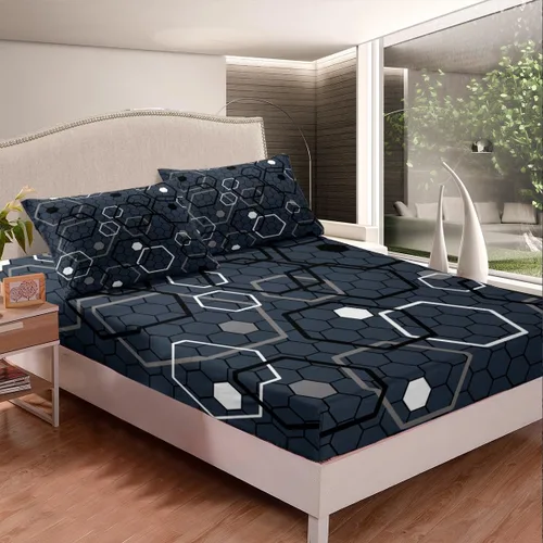 Miniatura 2 de Manfei Sábana bajera hexagonal tamaño individual, juego de ropa de cama de panal azul marino de 2 piezas para decoración de habitación de niños