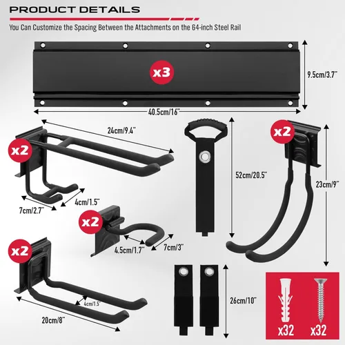 Miniatura 2 de SEDY Organizador de pared de garaje resistente de 48 pulgadas, estante de almacenamiento de herramientas de montaje en pared con ganchos ajustables