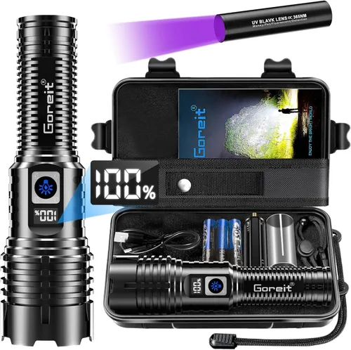 Goreit Linternas LED de alto lúmenes recargables, 20,000 lúmenes XHM77.2 Luz de flash súper brillante USB, linterna de mano de alta potencia,