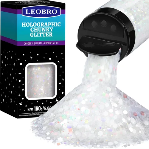 Leobro - Purpurina blanca, 160g/5.64oz de purpurina holográfica gruesa para manualidades, resina, uñas, cuerpo, vasos, decoraciones de fiesta