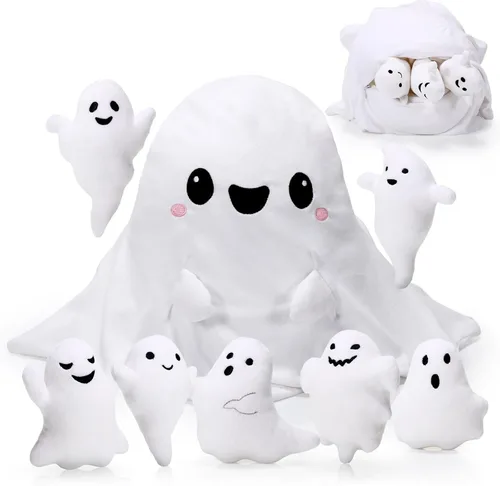 Liliful Juego de juguetes de peluche fantasma de 16 pulgadas, almohada de peluche fantasma para mamá con 7 lindos bebés de felpa suaves y