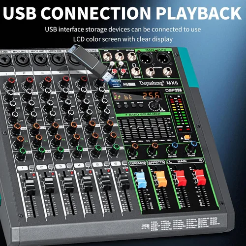 Miniatura 6 de Depusheng MX6 - Mezclador de sonido de 6 canales, consola de mezcla de audio 48V 256DSP profesional, USB, para PC, reproducción y grabación